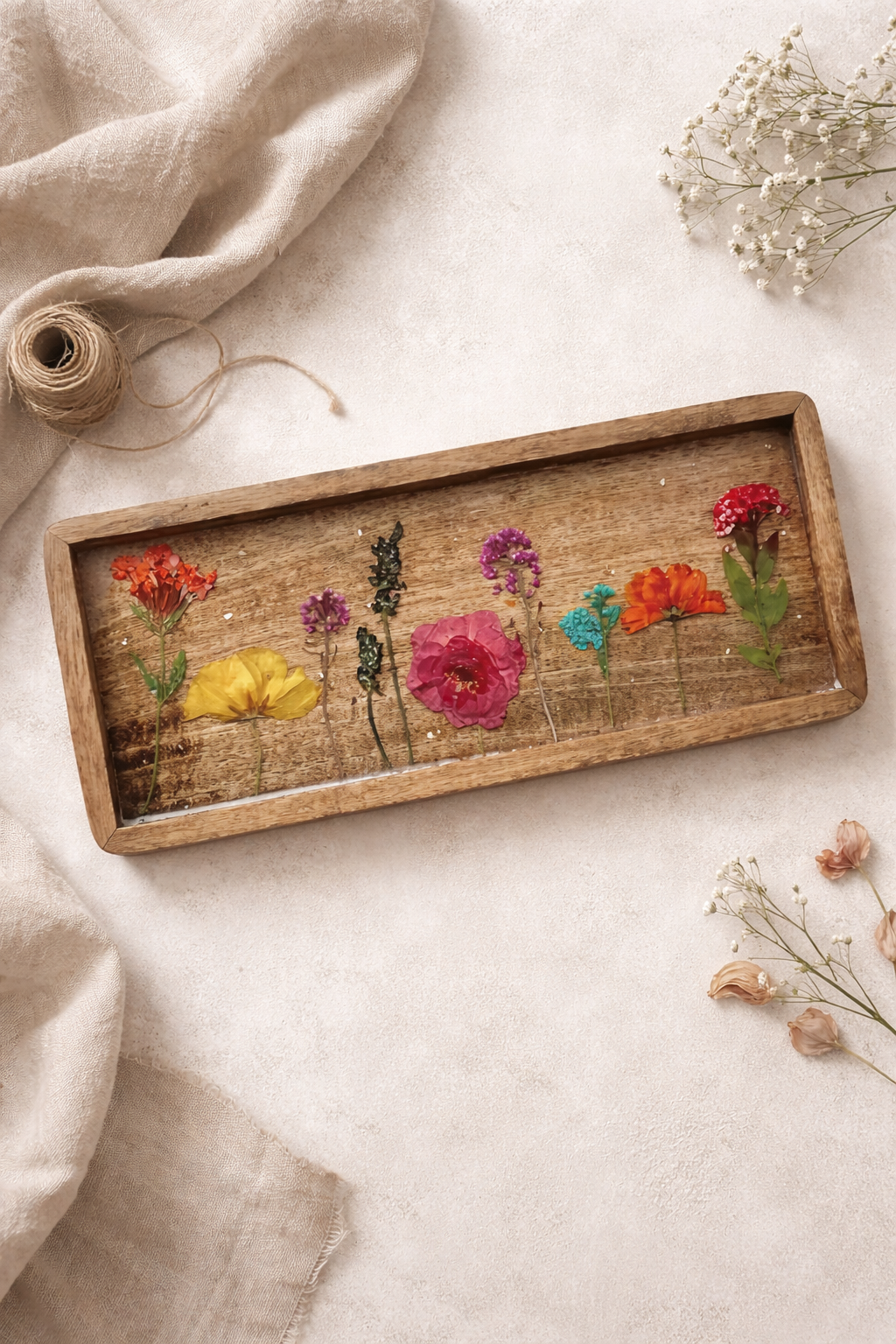 Pressed Flower & Resin Mango Wood Decorative Tray