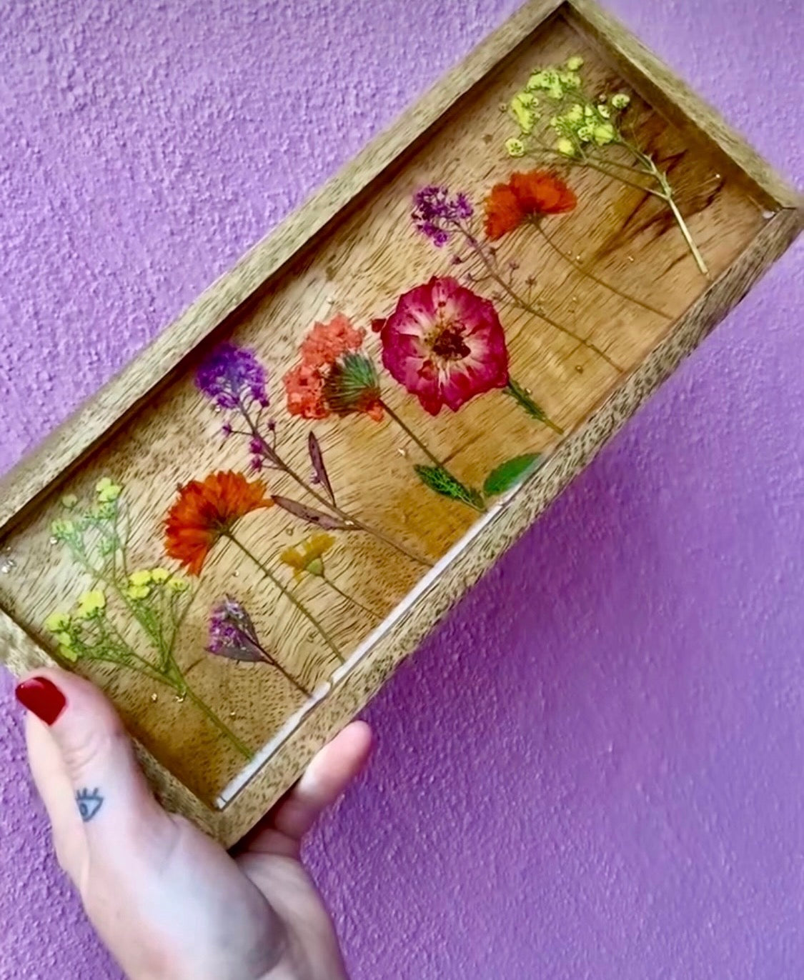 Pressed Flower & Resin Mango Wood Decorative Tray