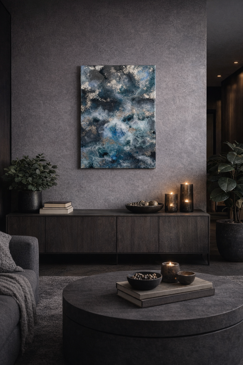 Stormy Marble Resin Wall Art with Silver Leaf – Abstract Textured Statement Piece