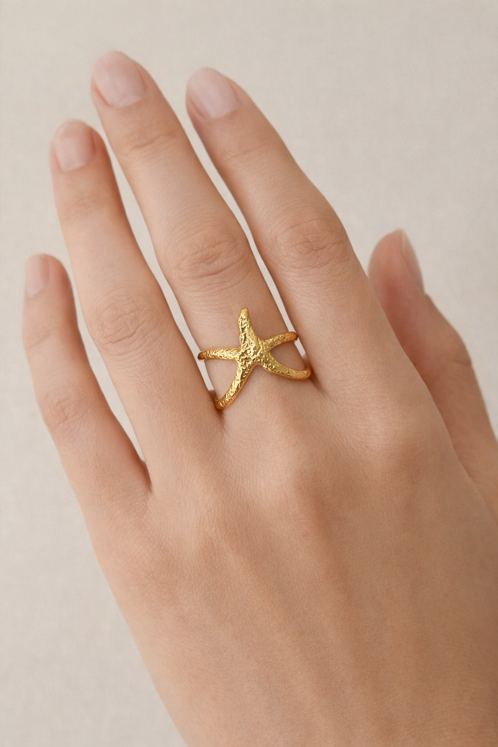 Gold Starfish Ring – Waterproof Tarnish-Free Stainless Steel Ocean Inspired Adjustable Ring