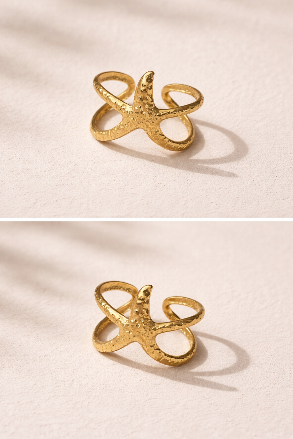 Gold Starfish Ring – Waterproof Tarnish-Free Stainless Steel Ocean Inspired Adjustable Ring