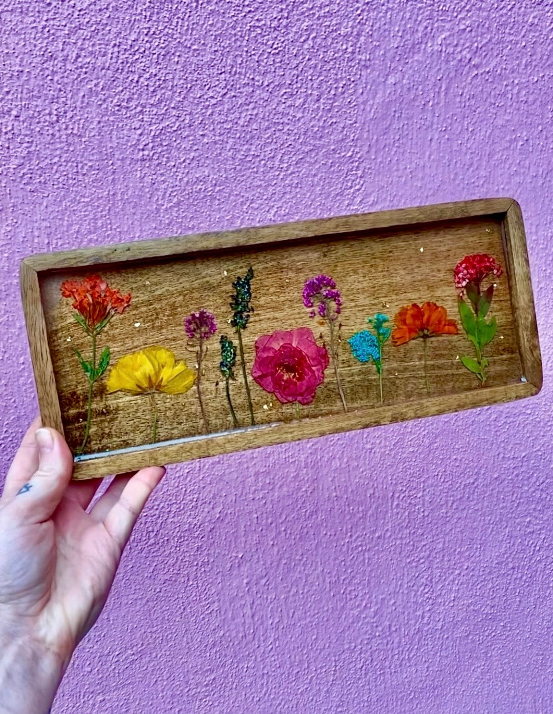 Pressed Flower & Resin Mango Wood Decorative Tray