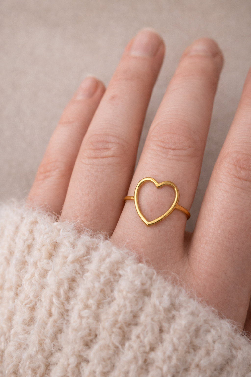 Waterproof Open Heart Ring – Gold Ion-Plated Stainless Steel Tarnish-Free Adjustable Minimalist Heart Ring for Everyday Wear