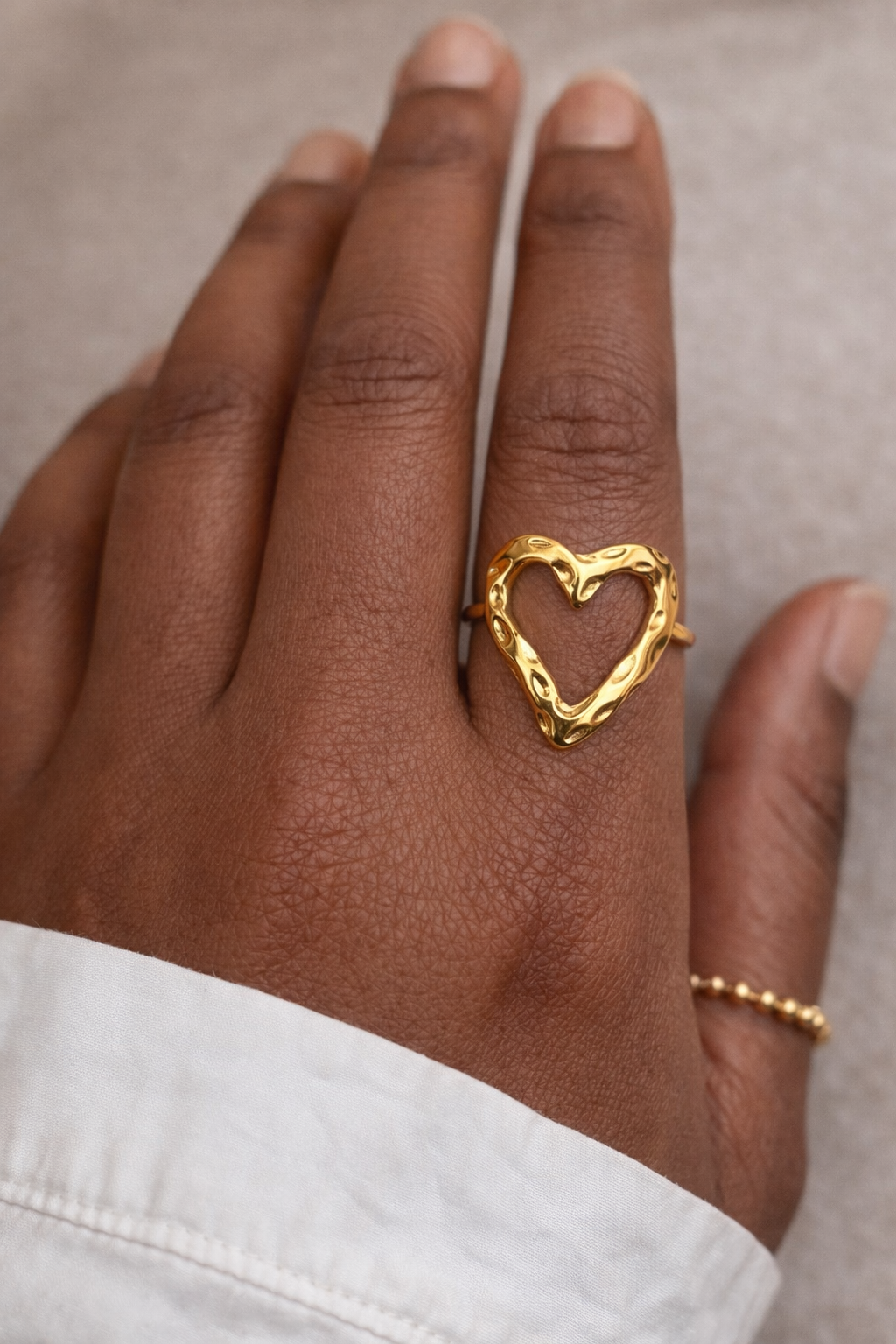 Textured Open Heart Ring – Gold Ion-Plated Stainless Steel, Tarnish-Resistant Adjustable Waterproof Jewellery