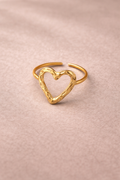 Textured Open Heart Ring – Gold Ion-Plated Stainless Steel, Tarnish-Resistant Adjustable Waterproof Jewellery