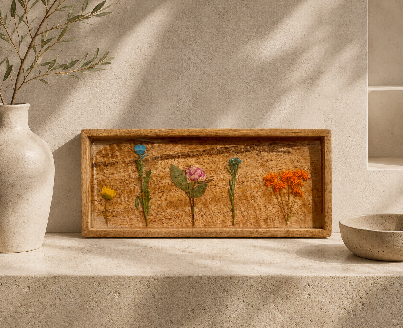 Pressed Flowers & Resin Mango Wood Decorative Tray